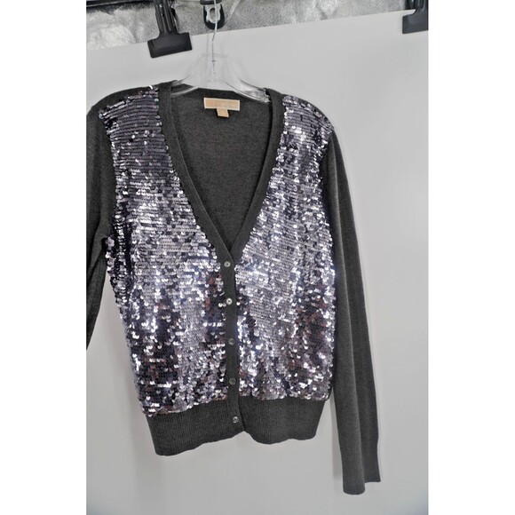 MICHAEL Michael Kors Grey Silver Sequin V-Neck Button Front Cardigan Sweater SzM - Picture 2 of 10